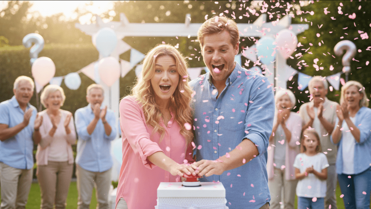 Aanstaande ouders vieren een gender reveal feest met roze en blauwe confetti, omringd door lachende vrienden en familie in een zonnige tuin met ballonnen.