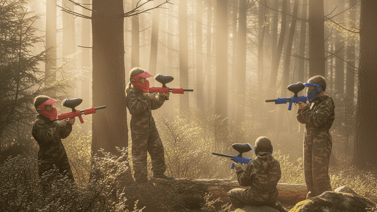Vier kinderen in camouflagekleding en paintballuitrusting