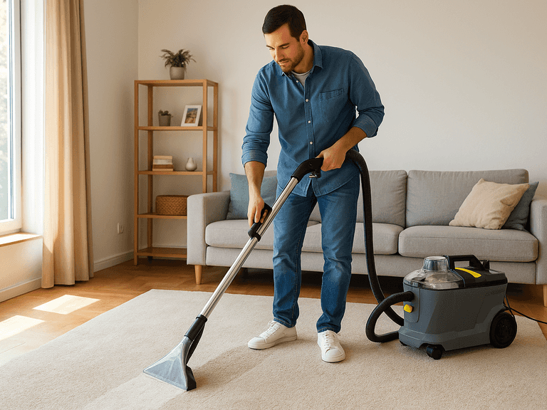 Man gebruikt een Kärcher Pro tapijtreiniger om een licht tapijt schoon te maken in een moderne woonkamer met zonlicht dat door het raam valt.