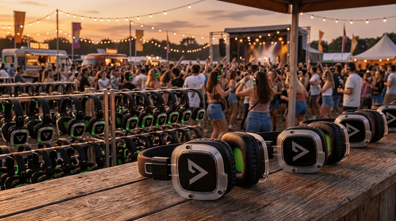 Festivalbezoekers met silent disco koptelefoons bij grootschalige verhuur