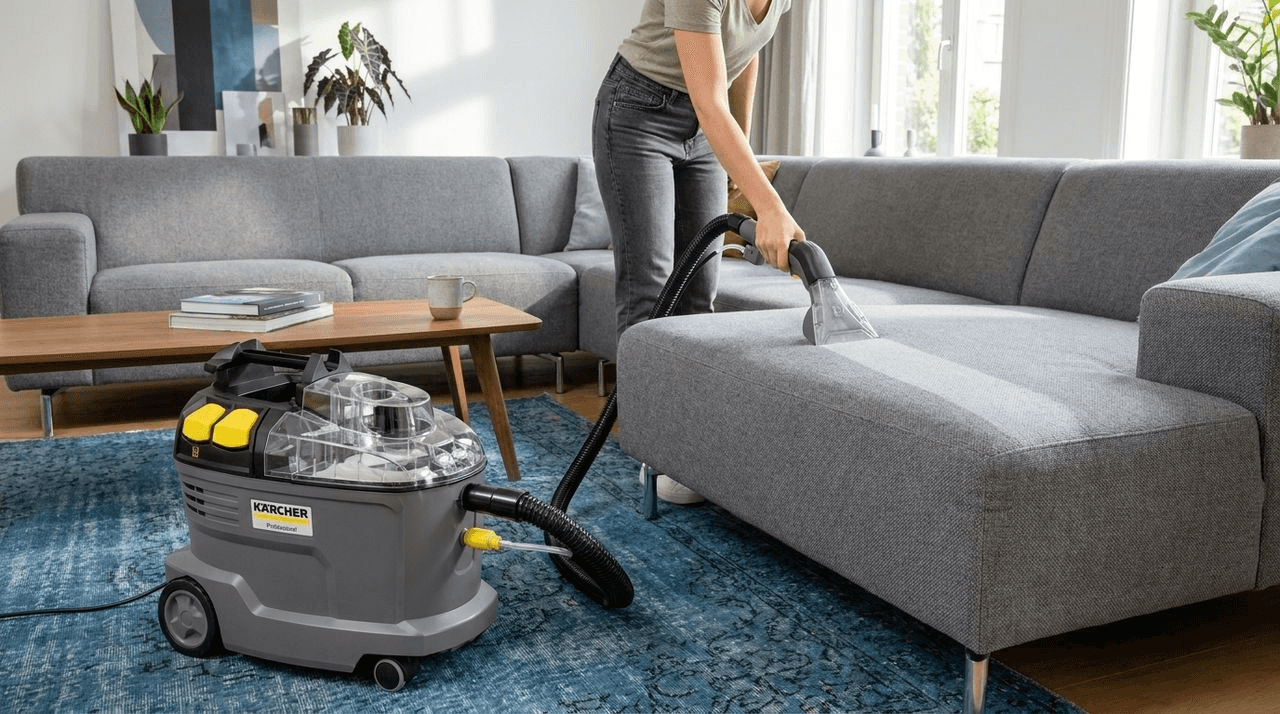 Een stoffen bank wordt gereinigd met een tapijtreiniger en klein bekledingsmondstuk