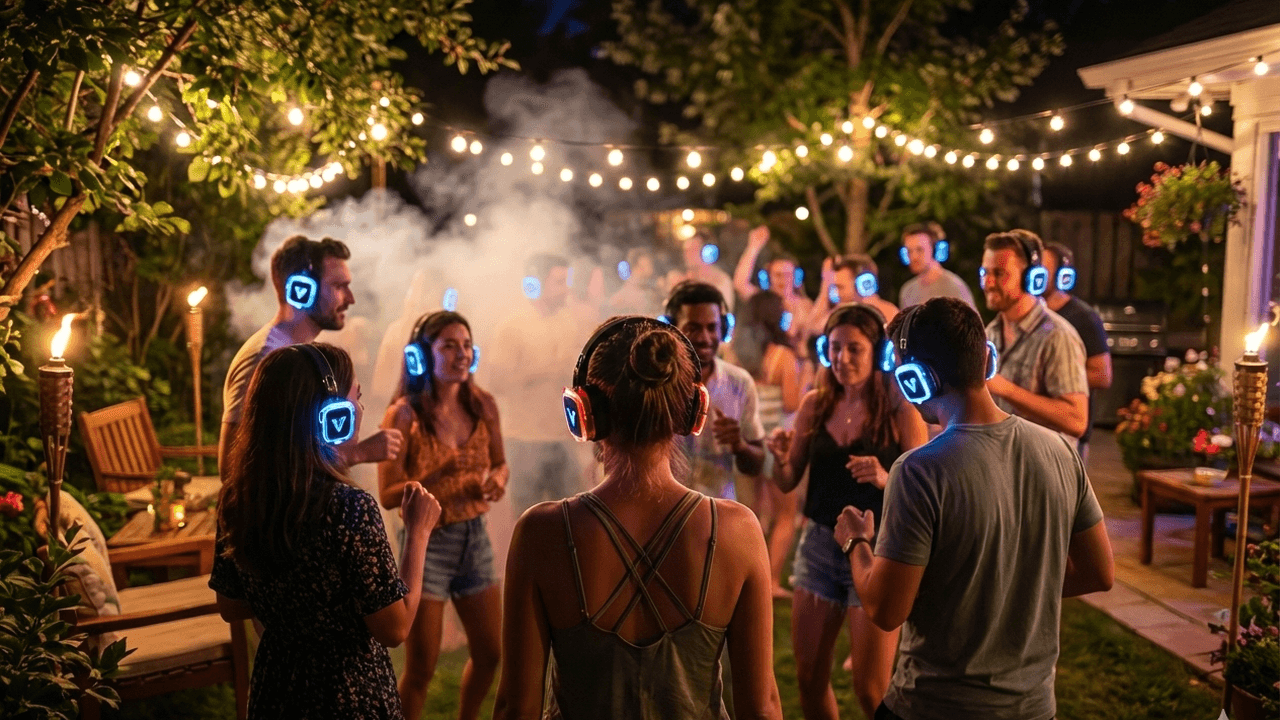 Gasten met draadloze silent disco koptelefoons