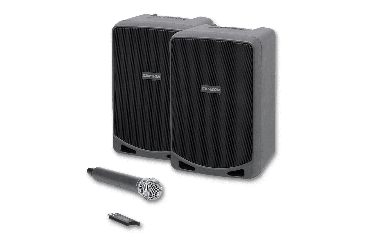 2 speakers + draadloze microfoon huren