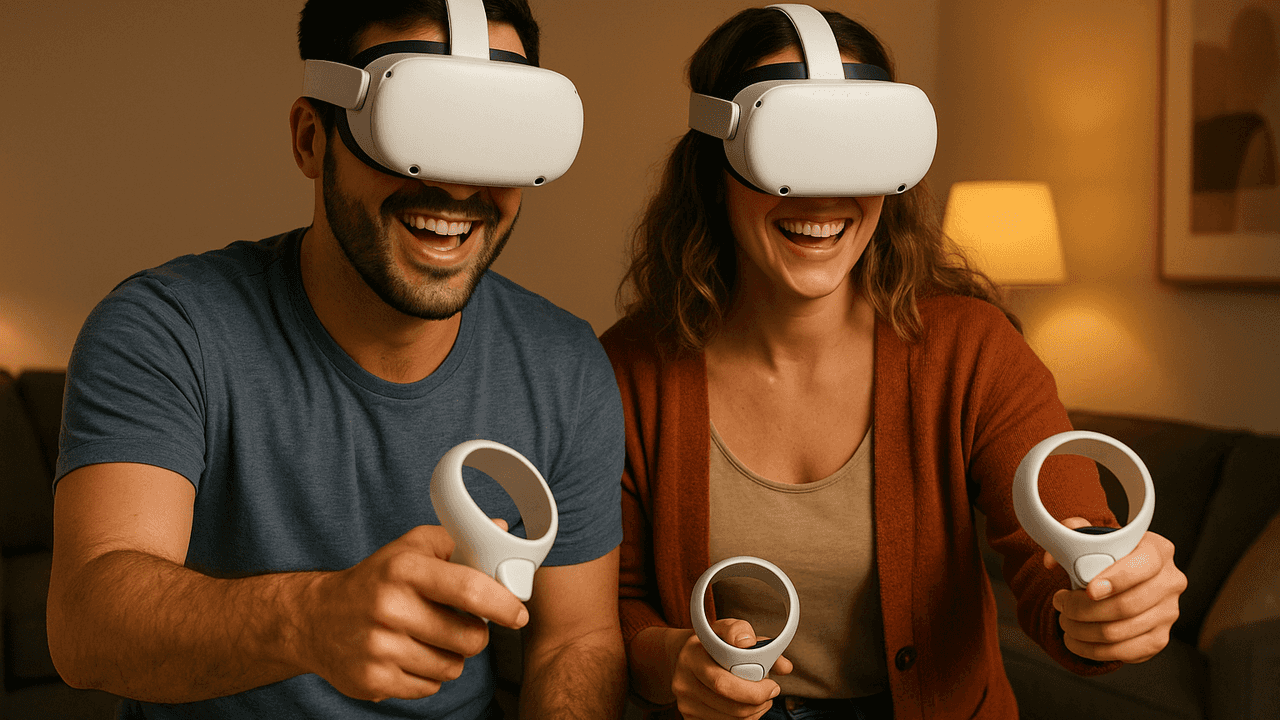 Man en vrouw dragen Meta Quest VR-brillen en houden elk één controller in hun hand terwijl ze enthousiast een virtual reality game spelen in een warme woonkamer.