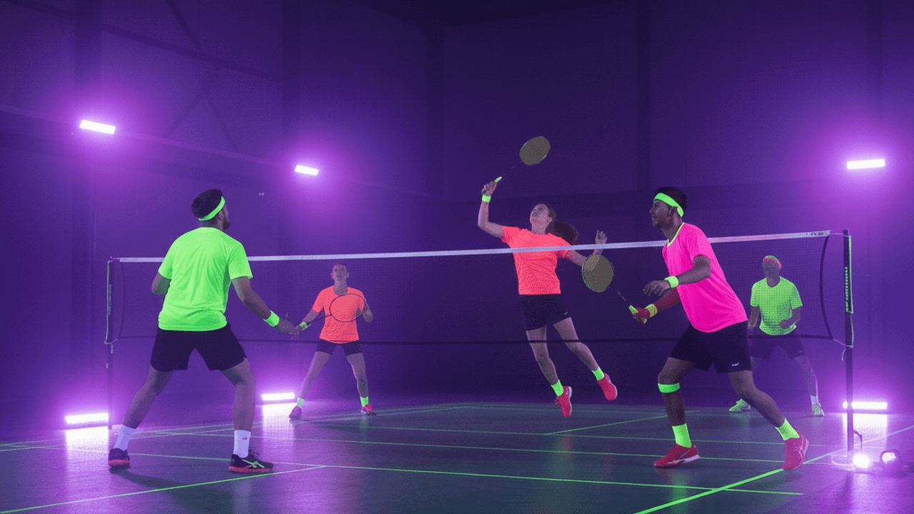 Een dynamische scène van mensen die glow-in-the-dark badminton spelen