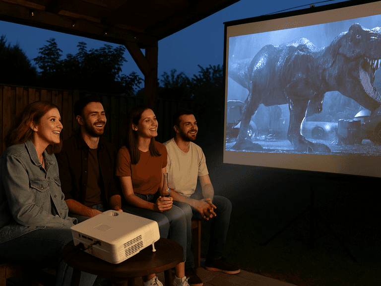 Vier vrienden kijken ’s avonds buiten onder een overkapping naar een filmprojectie, met een beamer die correct richting het projectiescherm staat gericht.
