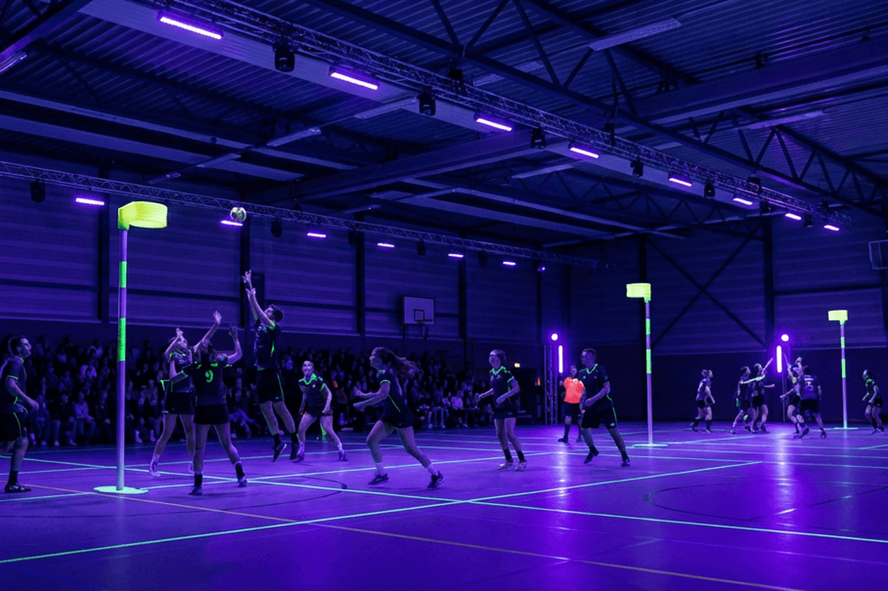 Glow in the dark korfbal in een sporthal met blacklight en neon lijnen.