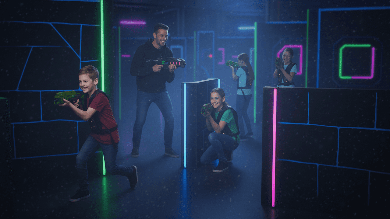 Een groep blije kinderen en een volwassen man spelen lasergame in een donkere arena met neonverlichting.