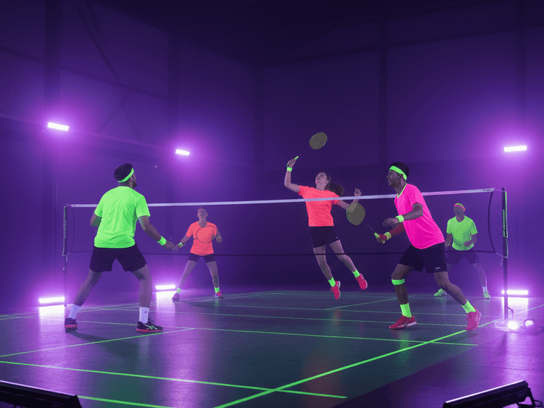 Een dynamische scène van mensen die glow-in-the-dark badminton spelen
