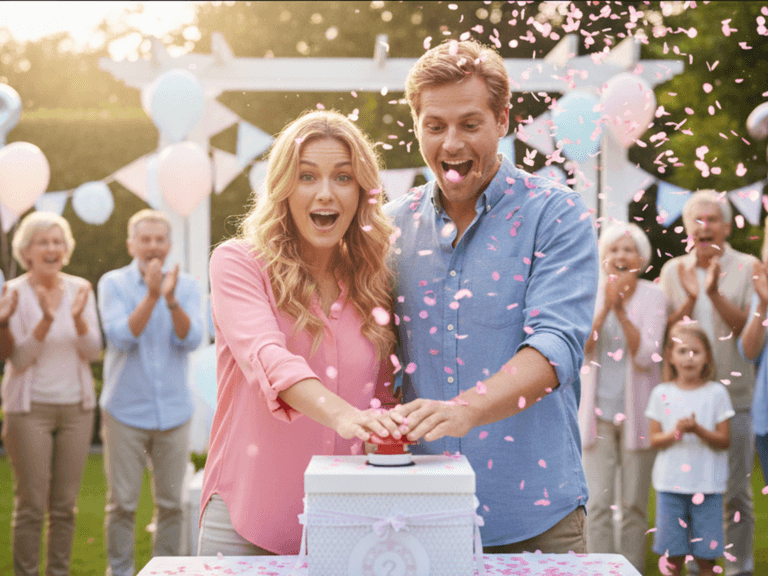Aanstaande ouders vieren een gender reveal feest met roze en blauwe confetti, omringd door lachende vrienden en familie in een zonnige tuin met ballonnen.