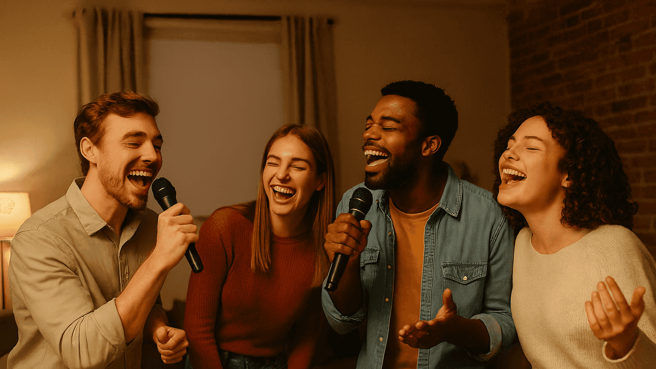 Vier vrienden zingen enthousiast karaoke met microfoons in een gezellige woonkamer met warme verlichting en een ontspannen sfeer