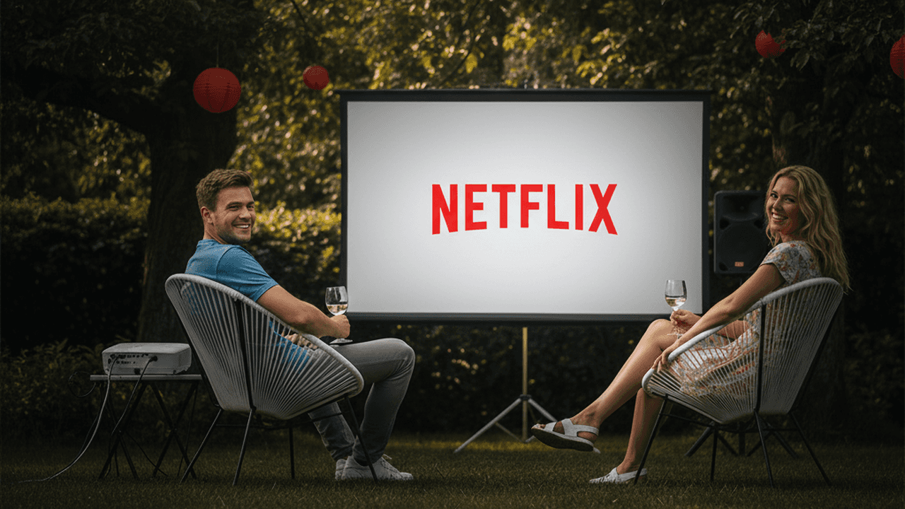 Koppel geniet van een Netflix film via een beamer, groot scherm in een gezellige woonkamer met projector, popcorn en chips op tafel