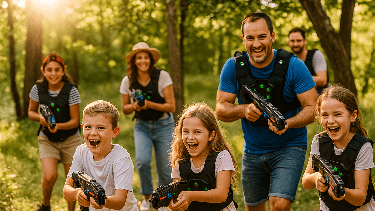 Kinderen en volwassenen spelen lasergame in een bos met laserguns zoals van Verhuurwinkel.nl, sommigen dragen vesten, anderen niet, in warm zonlicht.