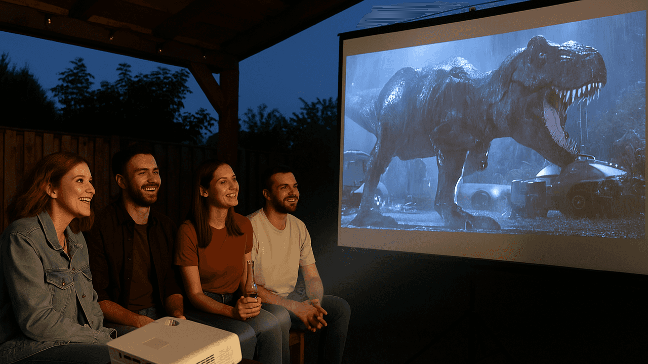 Vier vrienden kijken ’s avonds buiten onder een overkapping naar een filmprojectie, met een beamer die correct richting het projectiescherm staat gericht.