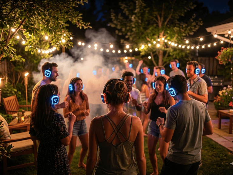 Gasten met draadloze silent disco koptelefoons