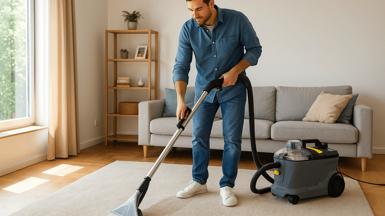 Man gebruikt een Kärcher Pro tapijtreiniger om een licht tapijt schoon te maken in een moderne woonkamer met zonlicht dat door het raam valt.