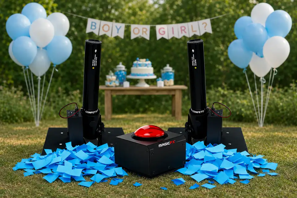 Gender reveal confetti kanon blauw met knop