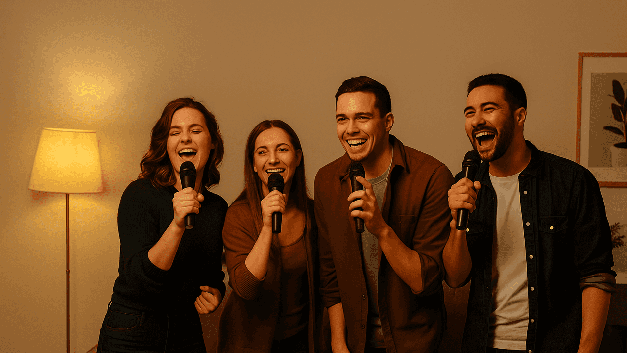 Vier vrienden zingen enthousiast karaoke met microfoons, in een warme en gezellige woonkamer.